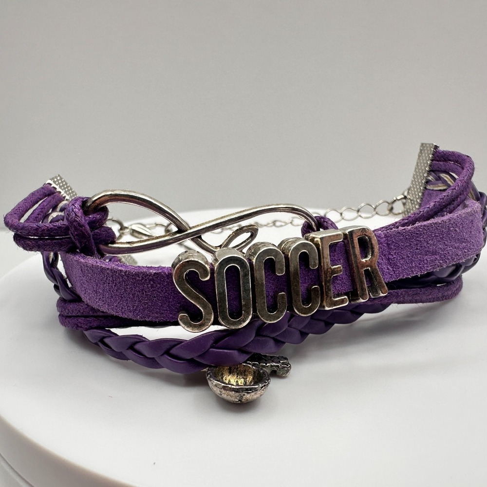 Vintage 90s Purple Leather Soccer Bracelet Infinity Charm Adjustable